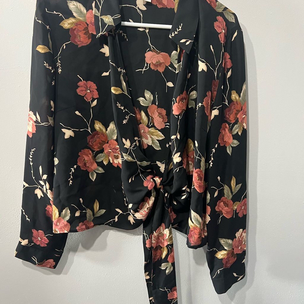 Casual Corner Black Floral Wrap Blouse